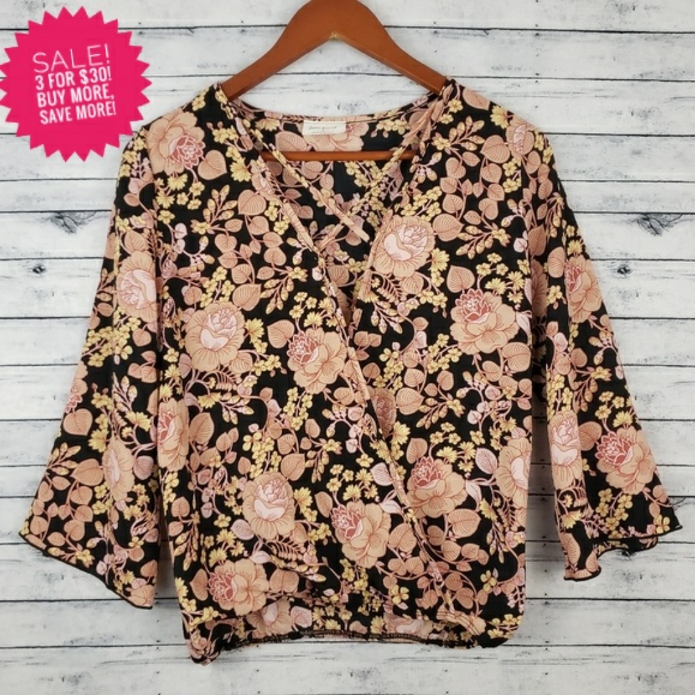 Free Kisses Floral Faux Wrap Bell Sleeve Top Sm